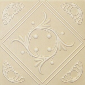 May include: A beige ceiling tile with an embossed design of a swirling vine with five circles. The tile has a square shape with a diamond pattern in the background.