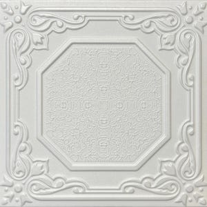 May include: White, square ceiling tile with an embossed floral and geometric design. The tile features an octagonal center and ornate corner details, creating a textured, decorative surface. The overall design is symmetrical and detailed.