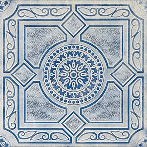 May include: Square ceramic tile with a detailed blue and white geometric pattern. The design features a central floral motif surrounded by intricate shapes and borders, creating a symmetrical and decorative appearance. The tile has a textured surface.