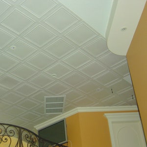 Styrofoam Ceiling Tiles - Glue Up Over Popcorn Ceiling - Easy DIY Installation - R24 Stratford - Plain White - Pack of 8