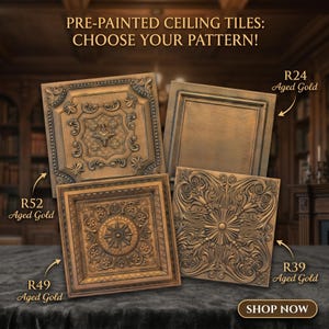 Ceiling Tile, Styrofoam, Glue Up, 20x20 - Antique Aged Gold - Pre-painted, R24, R39, R49, R52