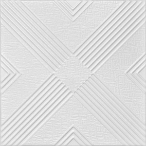 May include: White, square ceiling tile with a geometric pattern. The design features diagonal lines, textured squares, and linear ridges, creating a symmetrical and modern aesthetic. The tile's surface has a subtle, textured finish.