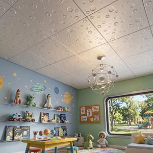 May include: A child's playroom with a space theme. The white ceiling tiles have a moon crater design. The walls are painted blue and green, with space-themed wall decals. There are shelves with toys and books, a table, and a window overlooking a playground.