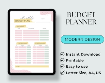 May include: A printable budget planner with a modern design. The planner has sections for income, fixed expenses, and other expenses. It is available in letter, A4, and US sizes.