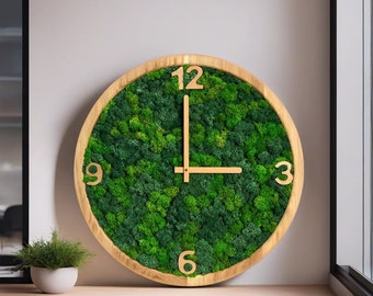 Horloge murale en mousse faite main, horloge en bois avec mousse préservée, cadeau personnalisé et personnalisé, art mural en mousse, grande horloge murale, horloge murale unique