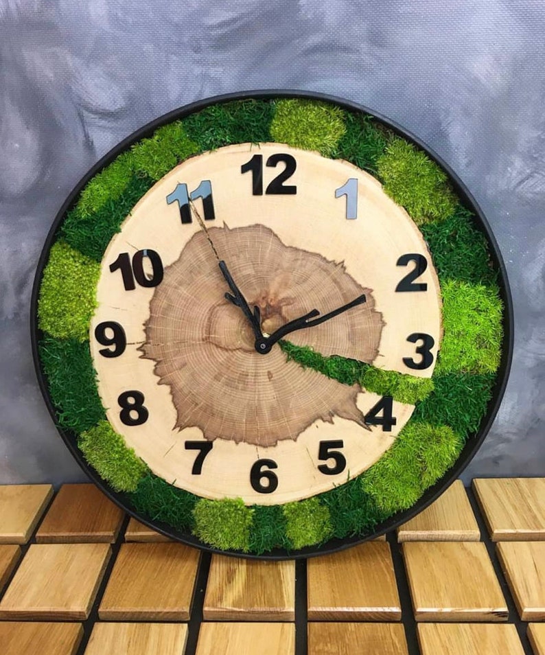 Wall Wood Clock, Preserved Moss, Moss Wall Art, Large Wall Clock, Wood Sign, Rustic Wall Decor