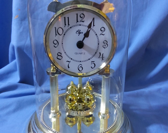 Vintage Elgin Quartz Japan Anniversary Clock, Glass Dome, Gold Finish