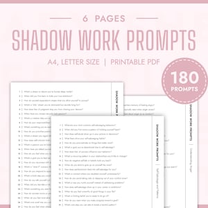 May include: A printable PDF document with 180 shadow work prompts for self-reflection. The document is divided into sections, including "Self Sabotage and Patterns", "Understanding Anger", and "Shadow Work Prompts".