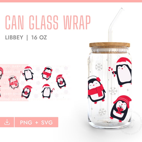 Penguin SVG Wrap Can Glass Christmas SVG 16oz Libbey Glass Can Wrap Cute Christmas Penguin SVG Winter Holiday Cut File Cricut Full Wrap Cup