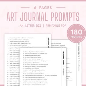 Peut inclure: Un document PDF imprimable avec 180 invites de journal d'art. Le document est divisé en trois sections : Expression de soi, Rêves et imagination, et Invites de journal d'art. Le document est en noir et blanc et a un fond rose.