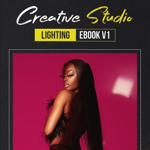 May include: A woman with long black hair poses in a black lingerie set with feather trim against a bright pink background. The image is from an ebook titled "Creative Studio Lighting Ebook V1" by Chad Lawson Photography.