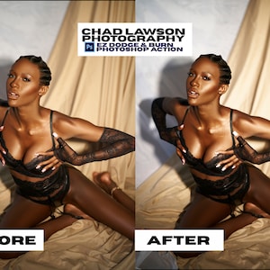 May include: Before and after image showing a woman wearing a black lace bra and gloves. The image on the right shows the woman's skin with a more golden tone. The text "Chad Lawson Photography Ez Dodge & Burn Photoshop Action" is in the top right corner of the image.
