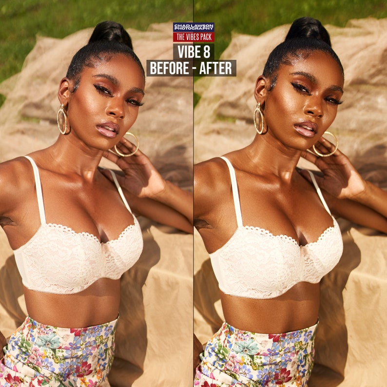 Op de afbeelding: Een voor-en-na foto van een persoon die een witte kanten bh en een bloemenrok draagt. De foto links toont de persoon met minder make-up en de foto rechts toont de persoon met meer make-up. De tekst "VIBE 8 BEFORE - AFTER" wordt boven de foto's weergegeven.