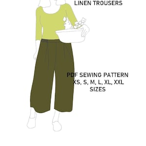 6 size pants, beginner friendly, easy, gathered elastic waist, wide leg, linen trousers sewing PDF pattern from XS to XXL sizes