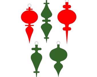 May include: Five printable PDF patterns for Christmas ornaments. The ornaments are in red and green and have a traditional, vintage style.