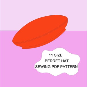 以下が含まれることがあります： サイズ11の赤いベレー帽子の縫製パターン。パターンはピンクの背景に表示されています。