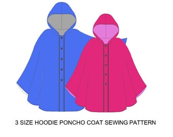 3 size hoodie poncho coat for couples and children. Poncho, cap, cardigan printable digital sewing pattern,