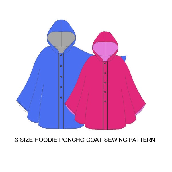 3 size hoodie poncho coat for couples and children. Poncho, cap, cardigan printable digital sewing pattern,