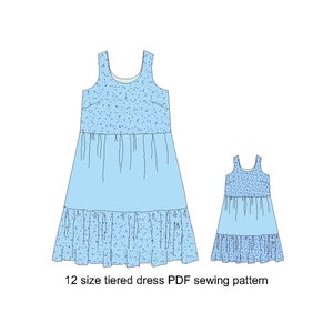 12 sizes of tiered dress sewing pattern, gattered, shirred, dress PDF sewing pattern