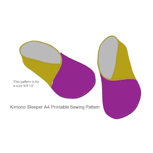 May include: Illustration of two kimono sleeper patterns. The patterns are in shades of gold, purple, and gray. The text on the image reads: "This pattern is for a size 9-9 1/2" and "Kimono Sleeper A4 Printable Sewing Pattern."