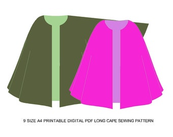 9 size poncho coat, long cape, cardigan, long cape A4 PDF printable digital sewing pattern for couples, and children