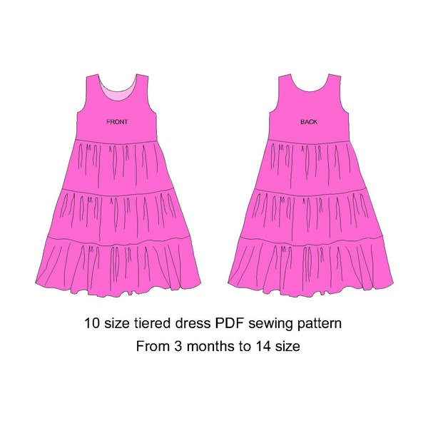 10 sizes of tiered girls dress sewing pattern from 3 months to 14 years, gattered, shirred, dress PDF sewing pattern for girls