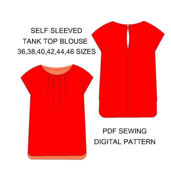 6 size beginner friendly, easy, self sleeved tank top sewing PDF pattern for 36,38,40,42,44,46, sizes