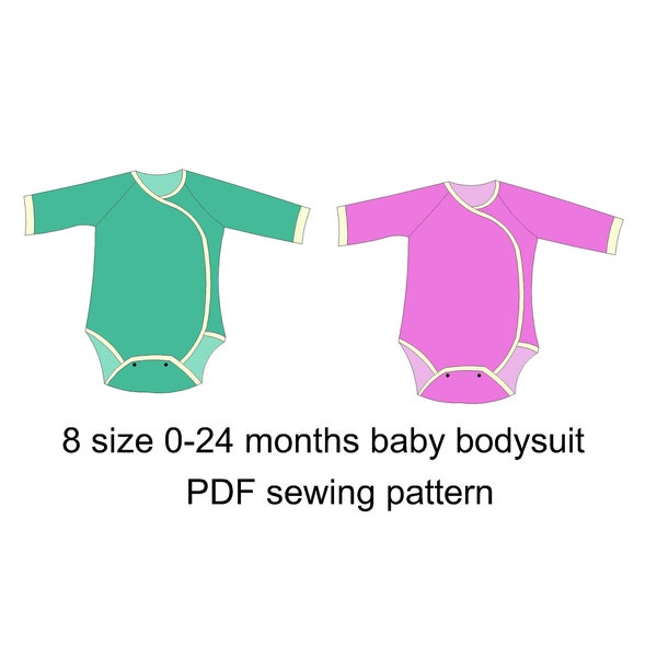 8 sizes of baby bodysuit sewing pdf pattern, from 0 months to 24 months sizes, easy sewing pattern, sewing for baby, baby body suit sewing