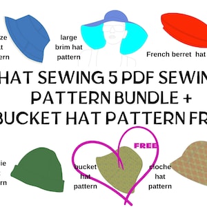 Pode incluir: Uma ilustração digital de cinco padrões de costura de chapéus diferentes, incluindo um chapéu de balde, um gorro, um chapéu cloche, um chapéu de aba larga e uma boina francesa. O texto "HAT SEWING 5 PDF SEWING PATTERN BUNDLE + BUCKET HAT PATTERN FREE" é exibido em letras pretas em negrito.