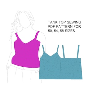 May include: A digital sewing pattern for a tank top in sizes 50, 54, and 58. The pattern is shown on a model wearing a pink tank top and a blue tank top.