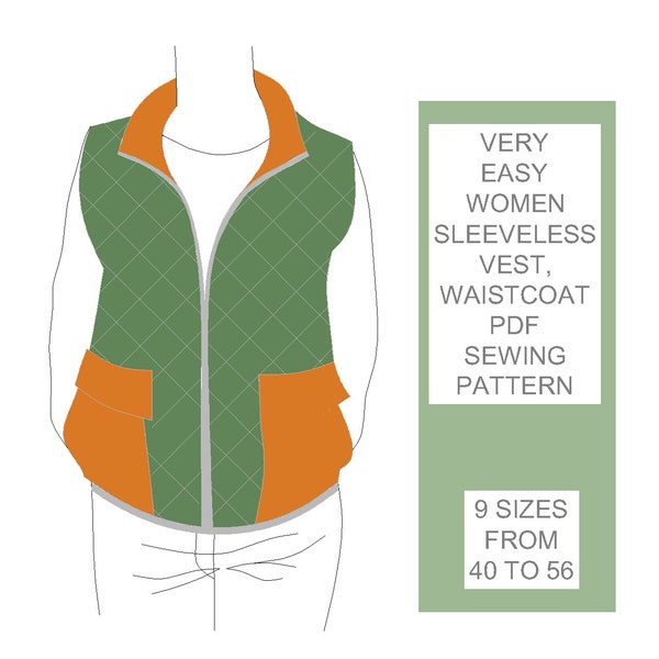 9 size beginner friendly, easy, sleeveless vest, waistcoat sewing PDF pattern from 40 to 56 sizes fitting for plus sizes also.