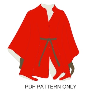 Puede incluir: Una capa roja con un cinturón marrón. La capa tiene un cuello alto y un diseño largo y fluido.  PDF PATTERN ONLY.