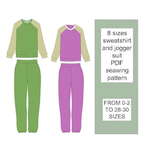 Reglan sleeved unisex sweatshirt and sweatpant jogger suit PDF sewing pattern with 8 sizes from 0-2 to 28-30 sizes
