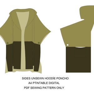Può includere: Un cartamodello digitale per un poncho con cappuccio in verde e marrone. Il cartamodello è progettato per carta A4 stampabile e include istruzioni per cucire il poncho. I lati del poncho sono lasciati non cuciti.