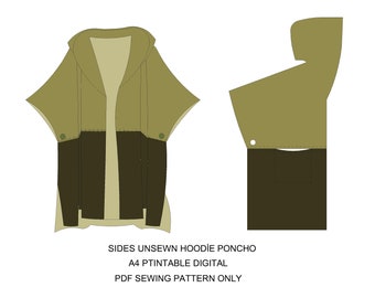 May include: A digital sewing pattern for a hoodie poncho in green and brown. The pattern is designed for A4 printable paper and includes instructions for sewing the poncho. The sides of the poncho are left unsewn.