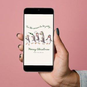 Tarjeta electrónica de dibujos animados de pingüinos de Navidad (3) - Plantilla Canva editable en acuarela personalizada / Tarjeta de felicitación navideña ilustrada dibujada a mano