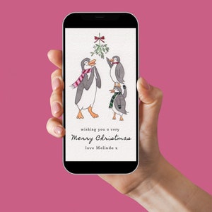 Divertidos pingüinos navideños bajo muérdago (4) - Plantilla Canva editable en acuarela personalizada / Tarjeta de felicitación navideña ilustrada a mano