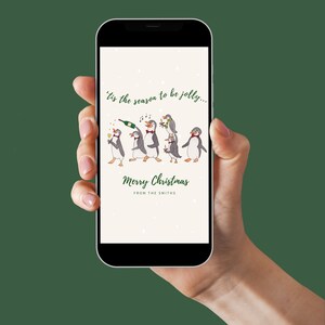 Tarjeta electrónica de dibujos animados de pingüinos de Navidad (1) - Plantilla Canva editable en acuarela personalizada / Tarjeta de felicitación navideña ilustrada dibujada a mano