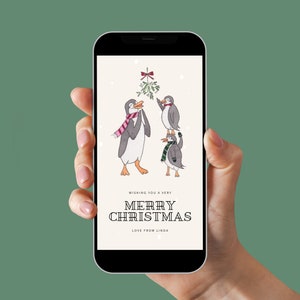 Divertidos pingüinos navideños bajo muérdago (3) - Plantilla Canva editable en acuarela personalizada / Tarjeta de felicitación navideña ilustrada a mano