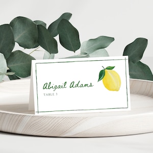 Cartão de lugar do comensal de casamento de limão (2) - modelo editável em aquarela | Cartões de visita ilustrados pintados à mão para eventos/mesas de jantar de casamento