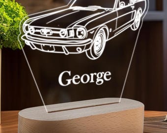 Luz de noche de coche antiguo, regalo para el propietario de un Mustang, lámpara de coche de carreras personalizada, regalo para amantes de los coches deportivos, regalo para él, luz de noche de coche para niños