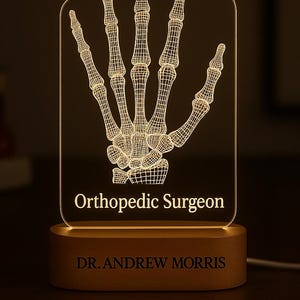 Custom Orthopedic Surgeon Night Light | Personalized Skeleton Hand LED Lamp with Engraved Acrylic and Wooden Base | Doctor Office Gift