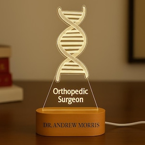 Engraved Orthopedic Surgeon Night Light, Personalized DNA Design LED Lamp with Wooden Base, Custom Doctor Gift Graduation, Office Retirement