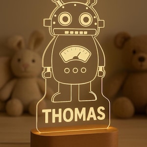 Personalized Wooden Robot Night Light – Custom Kids Room Lamp with Name & Meter, Unique Baby Birthday Gift, Robot Theme Nursery Decor