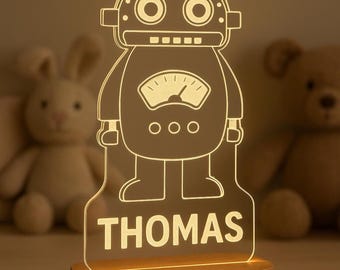 Personalized Wooden Robot Night Light: Custom Kids Room Decor