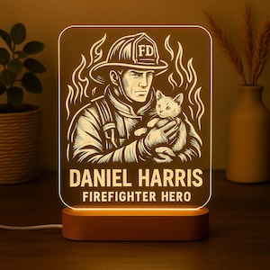 Personalized Firefighter Night Light: Laser Engraved Acrylic LED Lamp