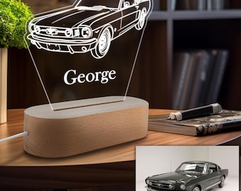 Luz nocturna de coche 3D, regalo para el propietario de un Mustang, lámpara de coche de carreras personalizada, regalo para amantes de los coches deportivos, regalo para él, luz nocturna de coche para niños