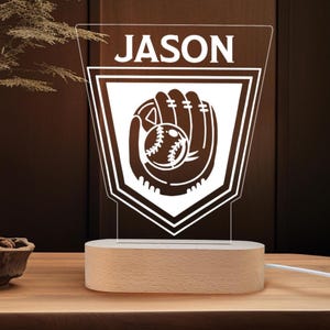 Custom Baseball Night Light, Personalized Sports LED Lamp, Engraved Acrylic & Wooden Base, Unique Gift for Baseball Fans, Kids Room Decor