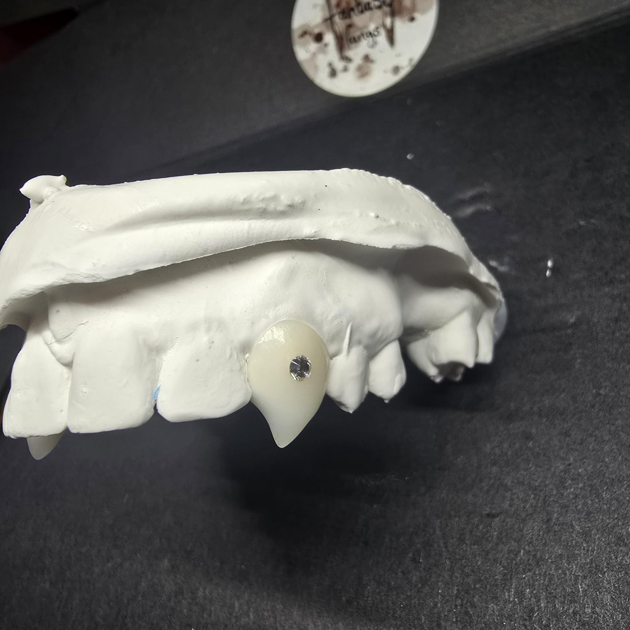 Gem Vampire Fangs Pair Custom Teeth Caps with Tooth Gems Digitally Scanned & Precision Milled No Glue Dental Technicians UK