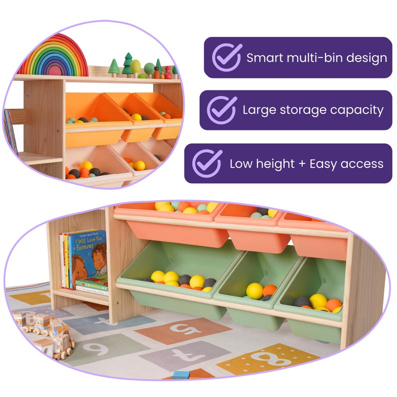 100% Solid Wood Montessori Kids Bookshelf & Toy Storage + 12 Four Seasons Pastel Storage Bins | 2-in-1 Children's Room Organizer - Uncoated image 3
